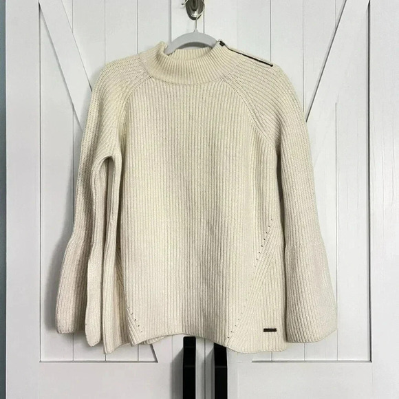 Sweaty Betty Rye Cotton Wool Blend Knit Sweater Ribbed Bell Sleeve White Small - Picture 2 of 7